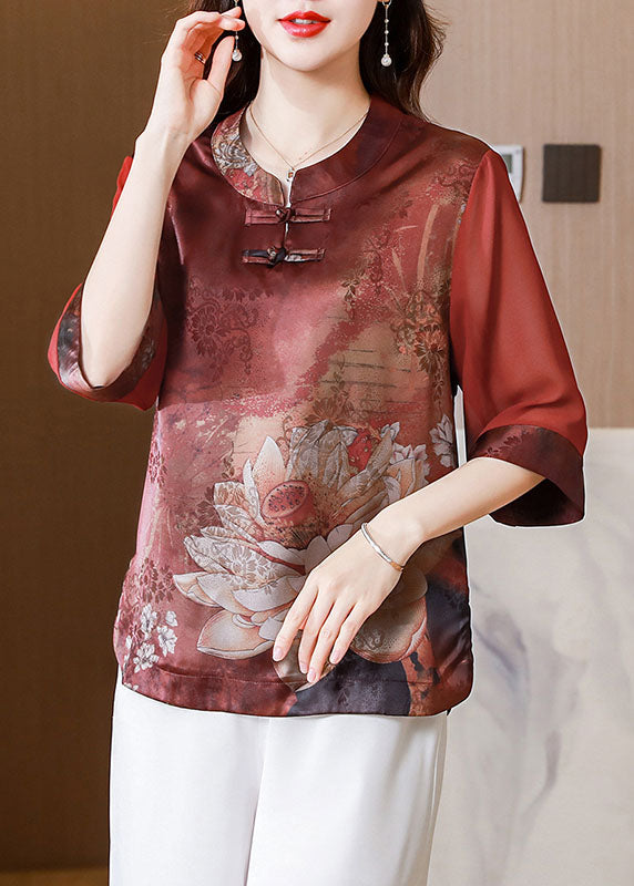 Collière de support rouge imprimé patchwork Patchwork Silk Blouses Summer