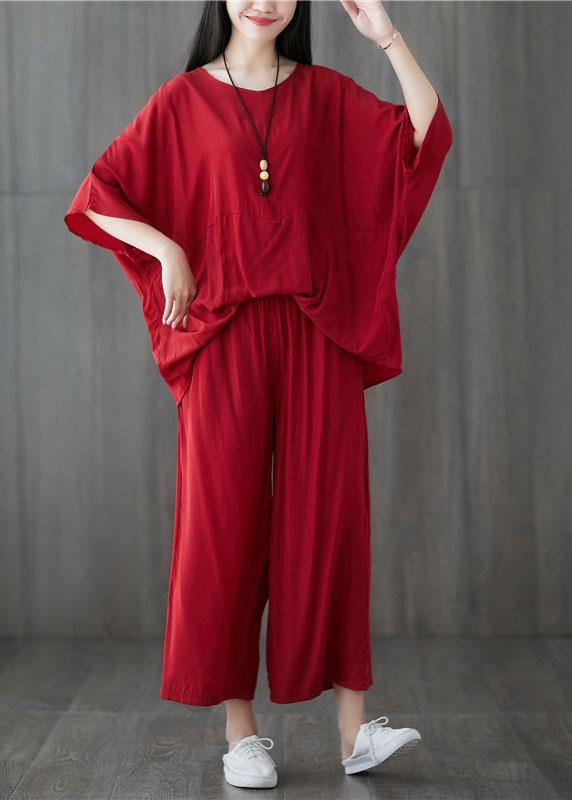 Casual cotton blended batwing sleeve pullover tops and elastic waist pants red two pieces - SooLinen