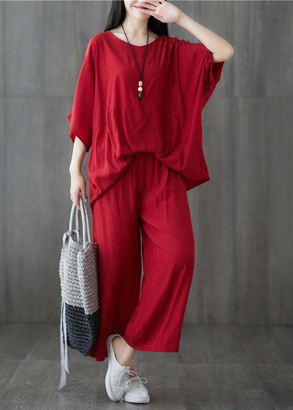 Casual cotton blended batwing sleeve pullover tops and elastic waist pants red two pieces - SooLinen