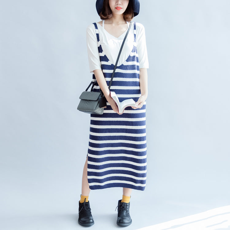 Casual fall blue white striped knit dresses plus size women sleeveless sweater dress