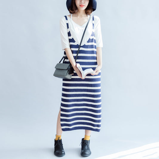 Casual fall blue white striped knit dresses plus size women sleeveless sweater dress