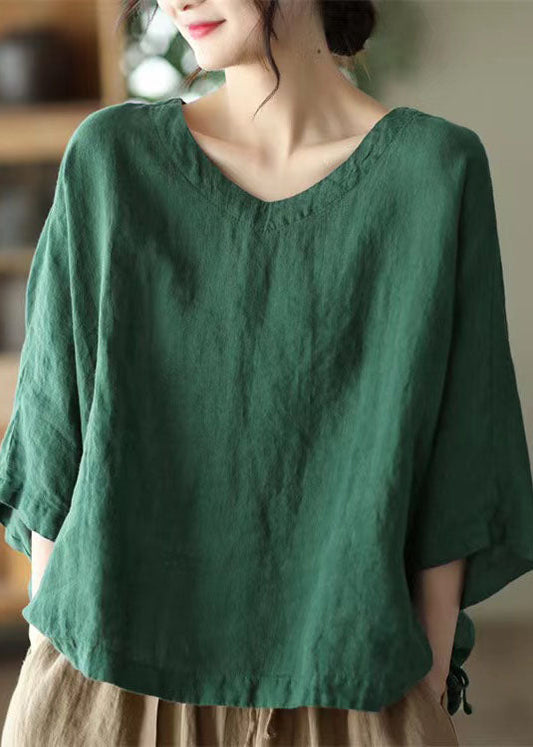 Casual Green O-Neck Embroideried Linen Top Long Sleeve