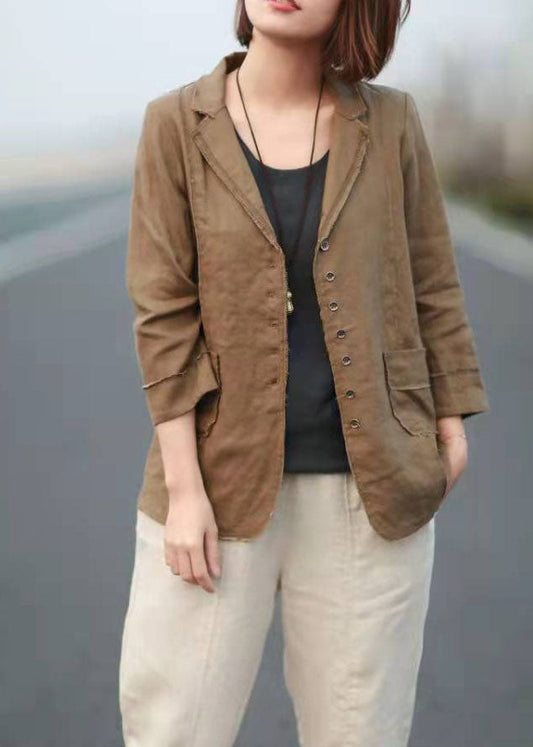 Casual Khaki Patchwork Spring Linen Long Sleeve Tops