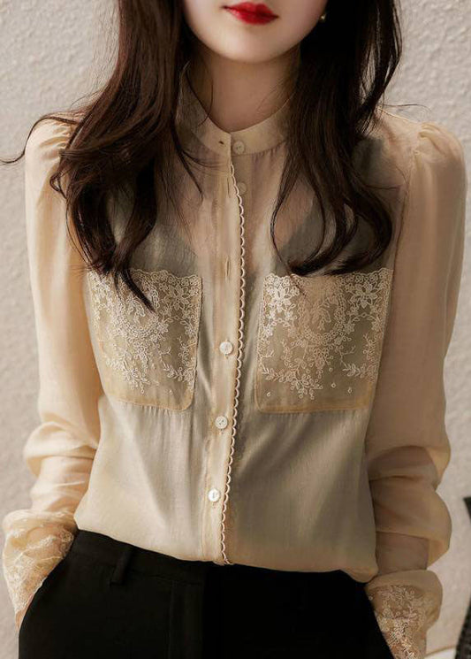 Chic Abricot Stand Collar Bouton Lace Patchwork Mariffon Blouse Top Spring