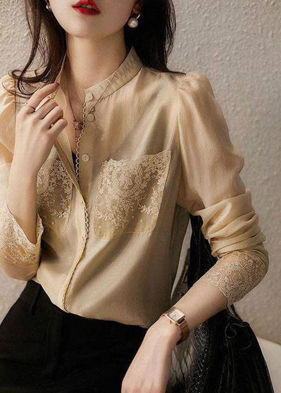 Chic Abricot Stand Collar Bouton Lace Patchwork Mariffon Blouse Top Spring