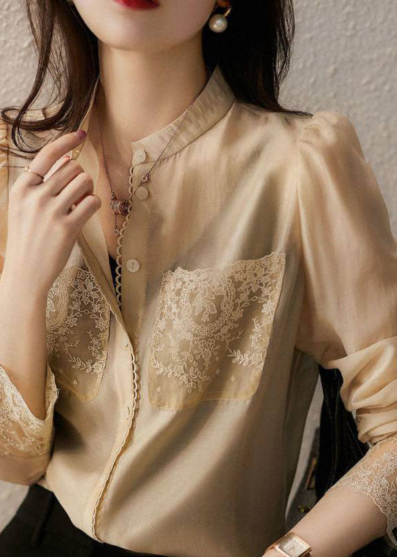 Chic Abricot Stand Collar Bouton Lace Patchwork Mariffon Blouse Top Spring