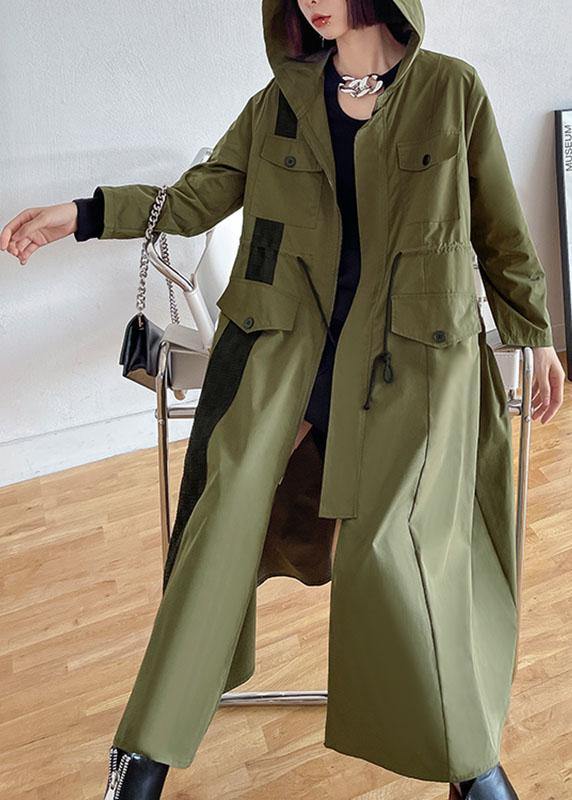 Chic Army Green Pockets Patchwork Button Zippered Fall Tie Waist Hooded Coat Long Sleeve - SooLinen