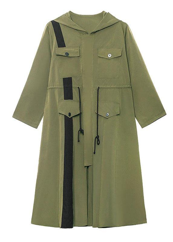 Chic Army Green Pockets Patchwork Button Zippered Fall Tie Waist Hooded Coat Long Sleeve - SooLinen