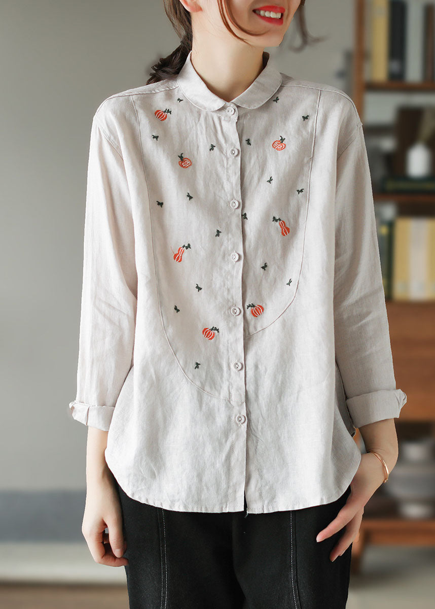 Chic beige Peter Pan Collar Patchwork Linen Shirt Tops Spring