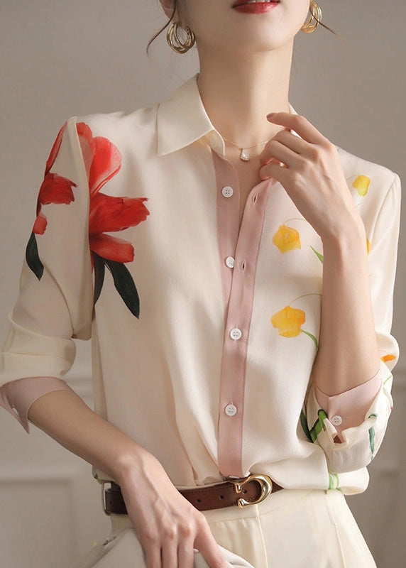 Chic beige Peter Pan Collar Print Button Mariffon Shirt Spring