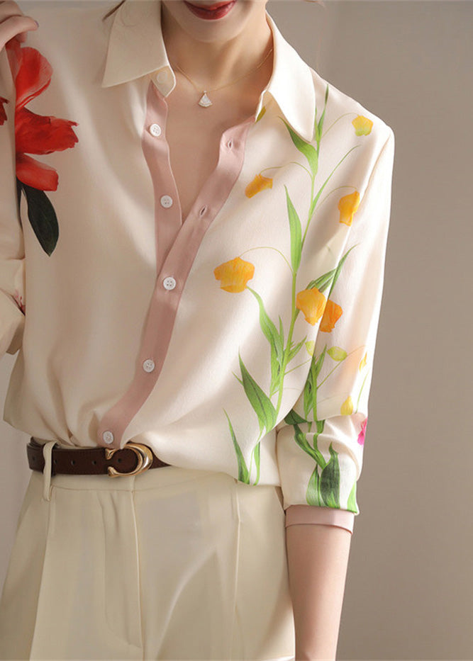 Chic beige Peter Pan Collar Print Button Mariffon Shirt Spring