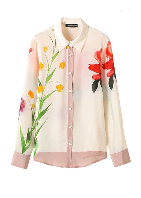 Chic beige Peter Pan Collar Print Button Mariffon Shirt Spring