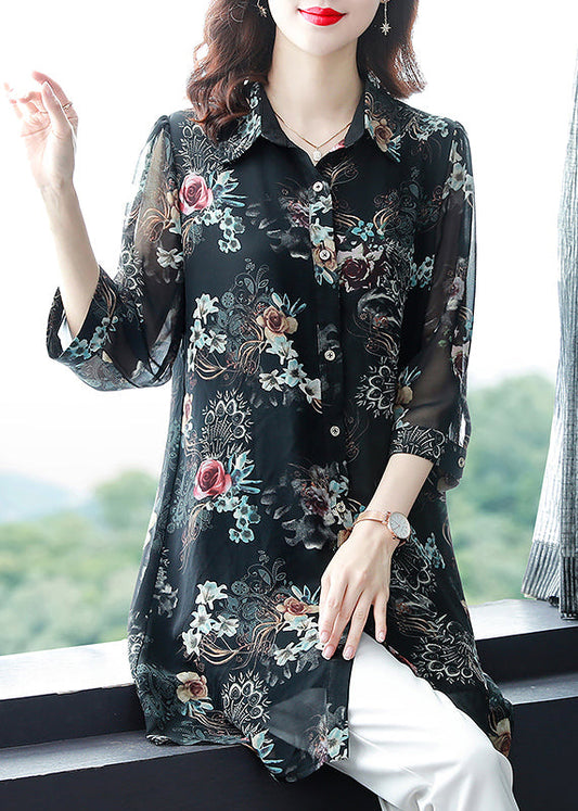 Chic Black Button Peter Pan Collar Imprime Long Mariffon Blousses Three Quarter Sleeve