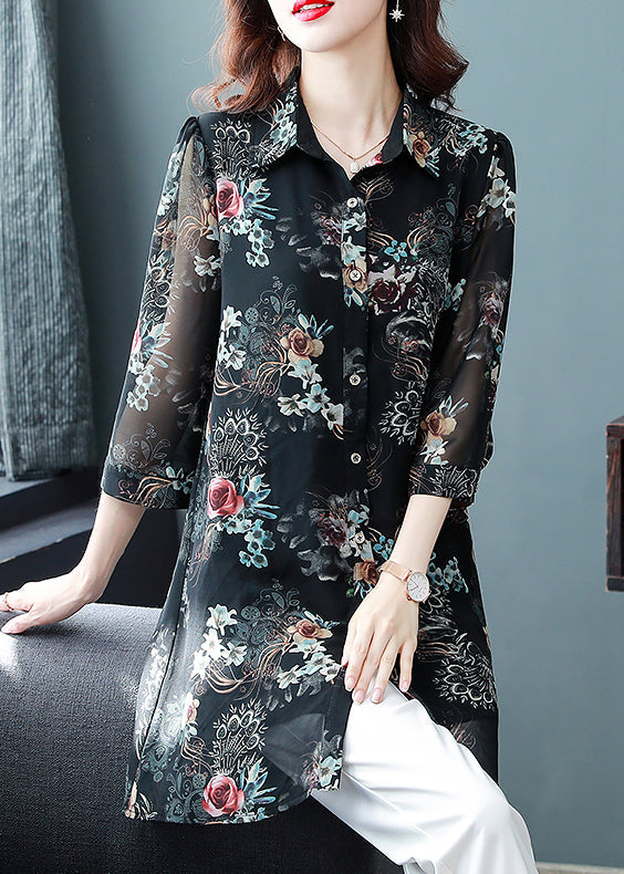 Chic Black Button Peter Pan Collar Imprime Long Mariffon Blousses Three Quarter Sleeve