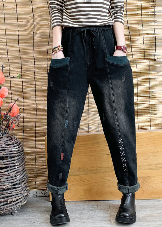 Poches noires chics en denim harem pantalon hiver