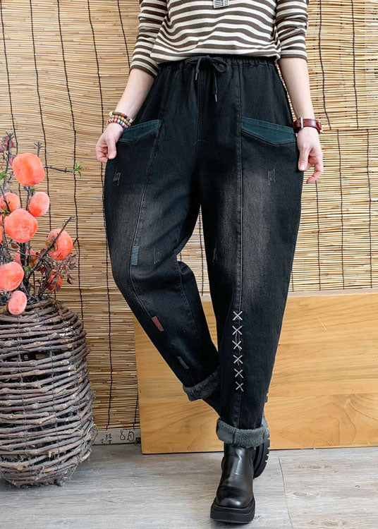 Poches noires chics en denim harem pantalon hiver