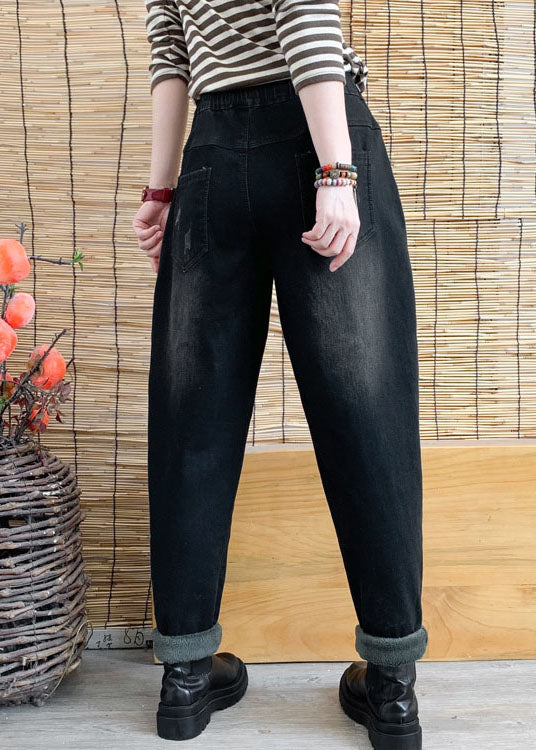 Poches noires chics en denim harem pantalon hiver