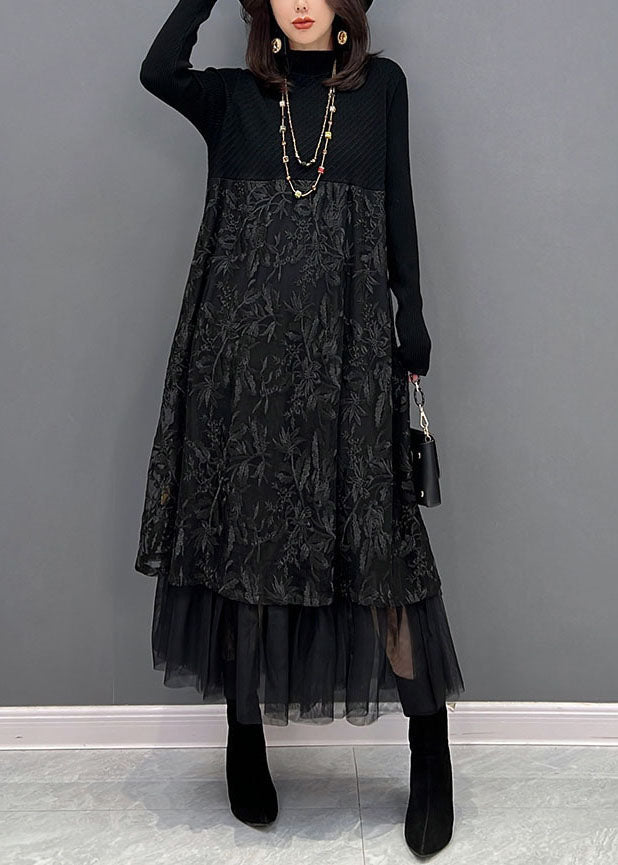 Chic Black Broideried Tulle Patchwork Robes en tricot hiver