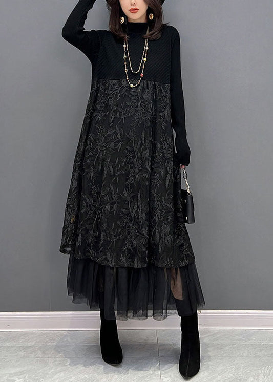 Chic Black Broideried Tulle Patchwork Robes en tricot hiver