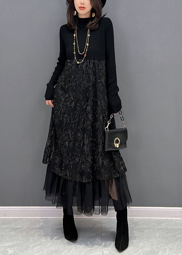 Chic Black Broideried Tulle Patchwork Robes en tricot hiver