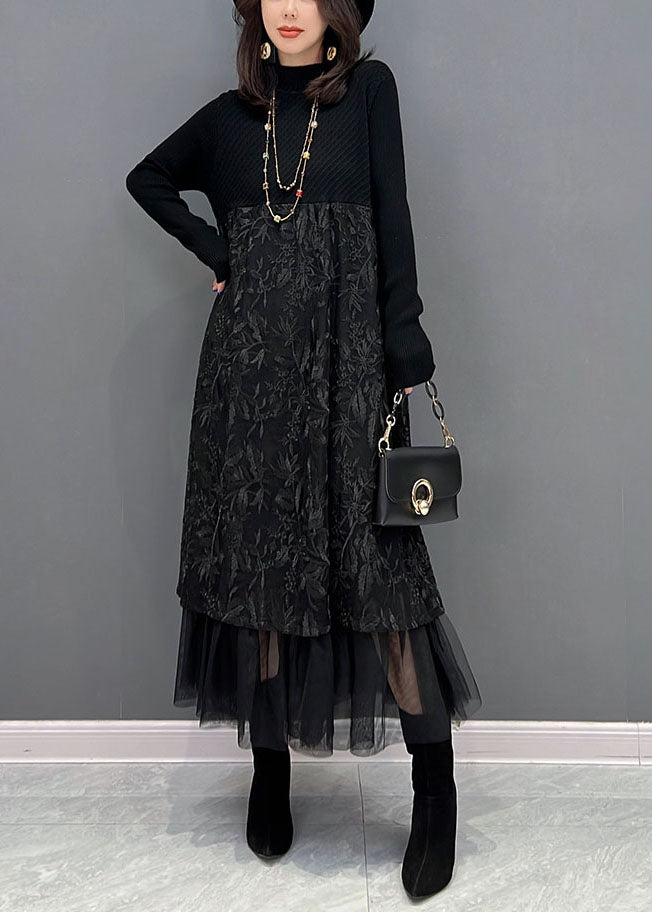 Chic Black Broideried Tulle Patchwork Robes en tricot hiver