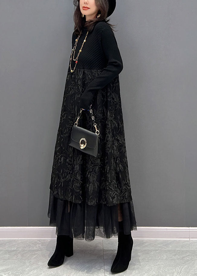 Chic Black Broideried Tulle Patchwork Robes en tricot hiver