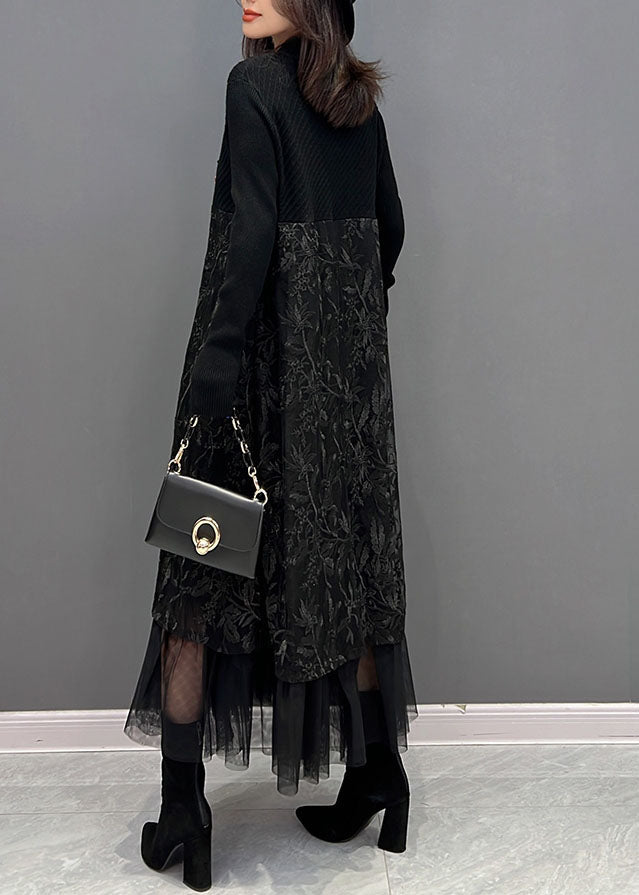 Chic Black Broideried Tulle Patchwork Robes en tricot hiver