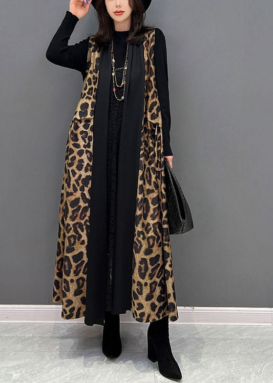 Chic Black Leopard Primp Patchwork Mariffon Long Cardigan Sans manches