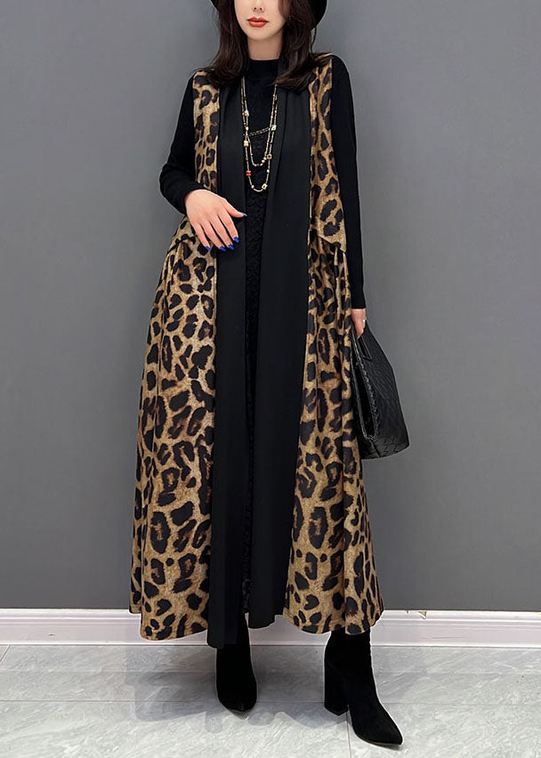 Chic Black Leopard Primp Patchwork Mariffon Long Cardigan Sans manches