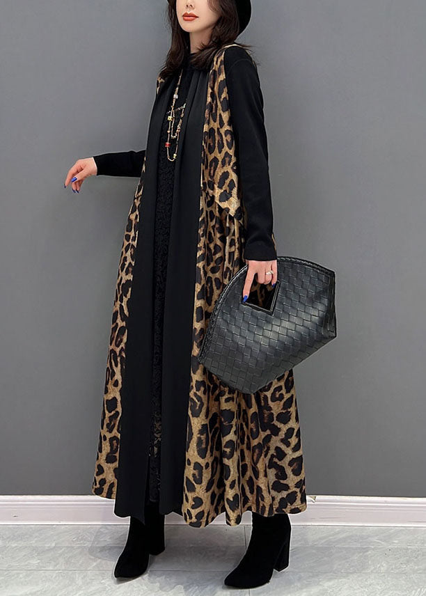 Chic Black Leopard Primp Patchwork Mariffon Long Cardigan Sans manches