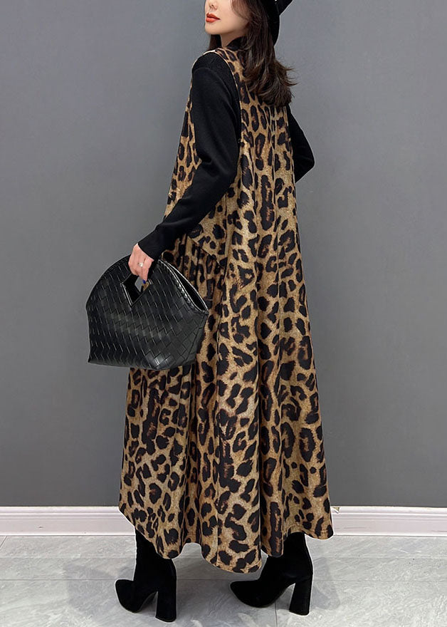 Chic Black Leopard Primp Patchwork Mariffon Long Cardigan Sans manches