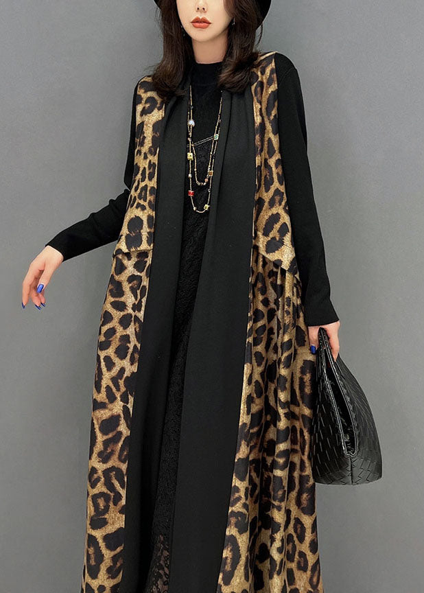 Chic Black Leopard Primp Patchwork Mariffon Long Cardigan Sans manches