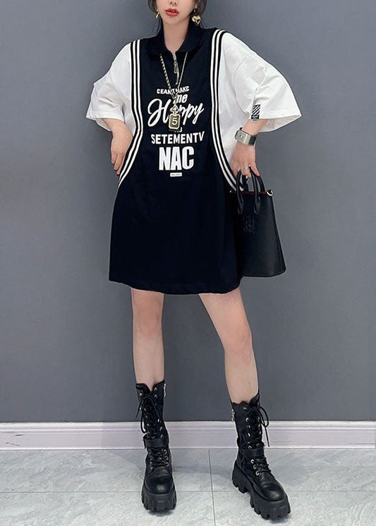 Chic Black Letter Imprimer Patchwork Cotton Sport Mid Robe Summer