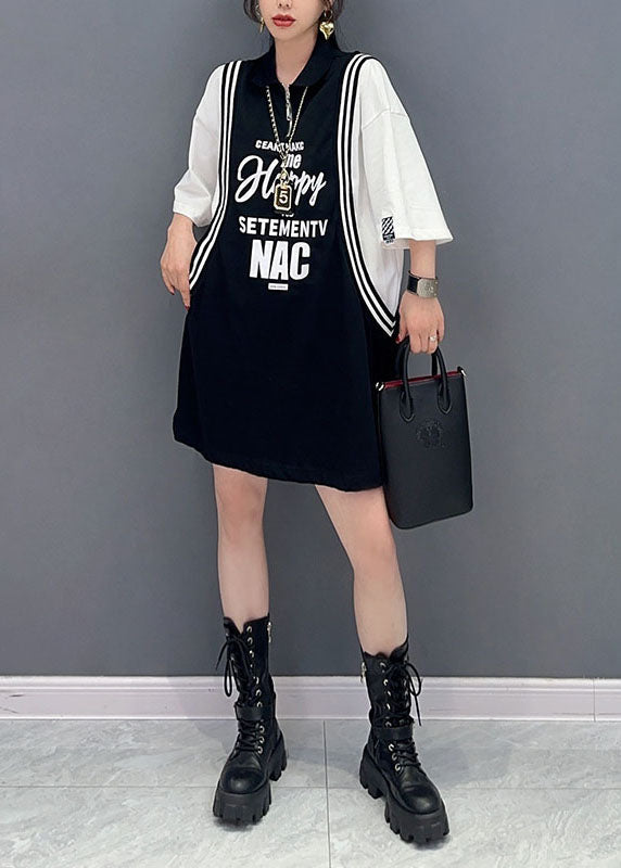 Chic Black Letter Imprimer Patchwork Cotton Sport Mid Robe Summer