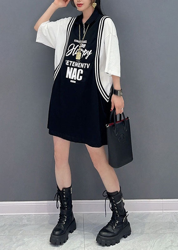 Chic Black Letter Imprimer Patchwork Cotton Sport Mid Robe Summer