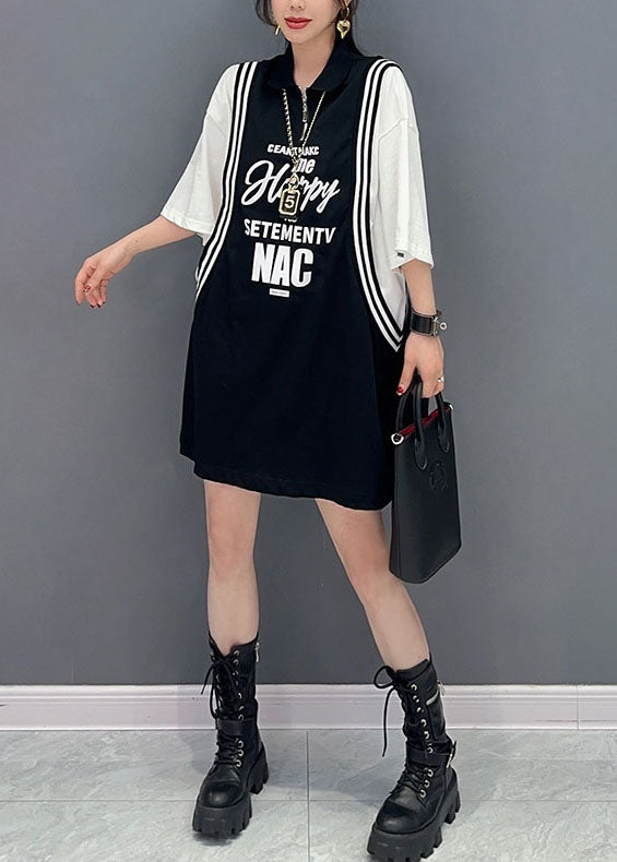 Chic Black Letter Imprimer Patchwork Cotton Sport Mid Robe Summer