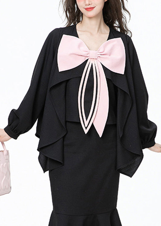 Chic Black O-leck Bow Mariffon Shirt Long Manneve