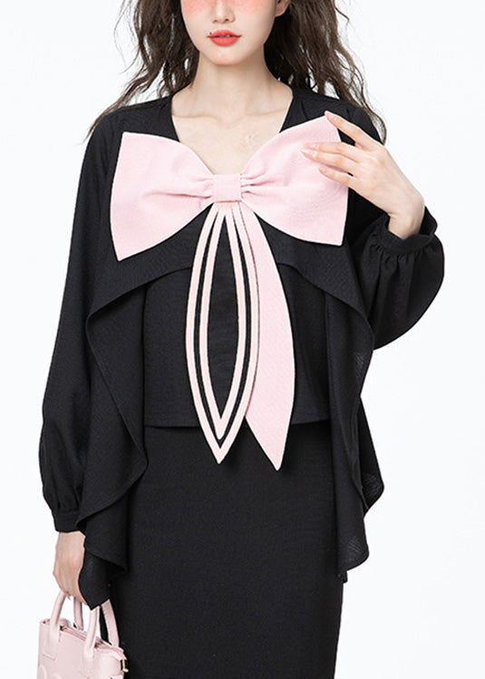 Chic Black O-leck Bow Mariffon Shirt Long Manneve