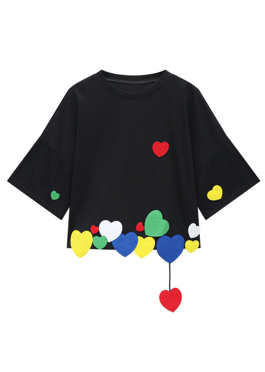 Chic Black O-Neck aimant coeur coton t-shirt à manches courtes