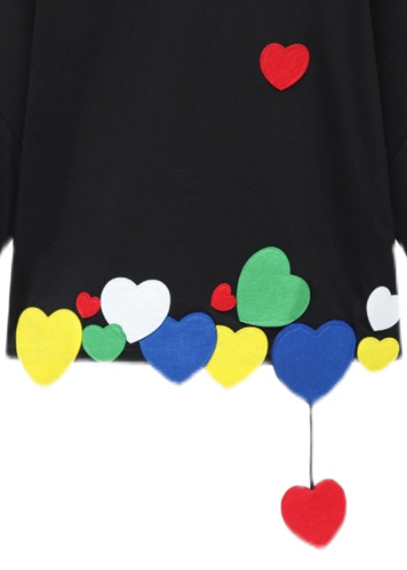 Chic Black O-Neck aimant coeur coton t-shirt à manches courtes