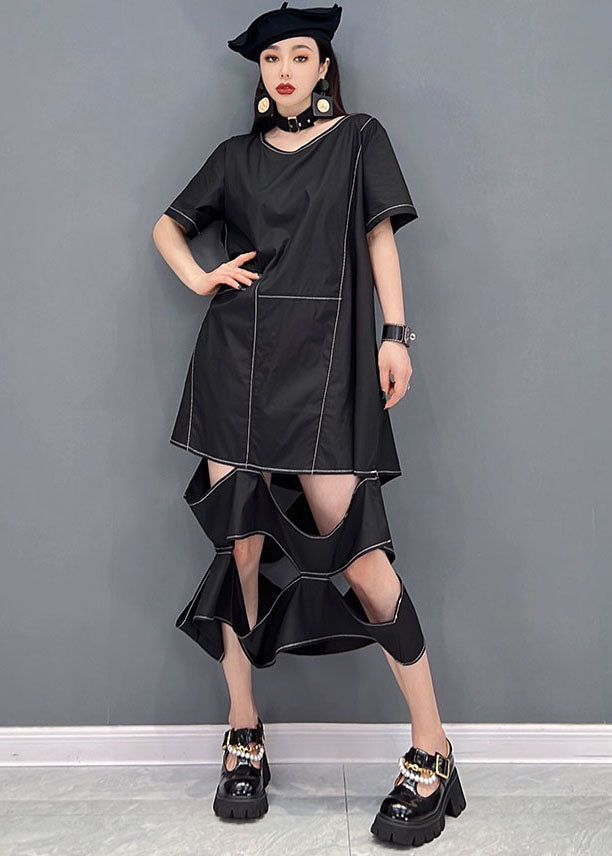 Chic Black O-Leck Ripped Patchwork Long Robe Short Sleeve