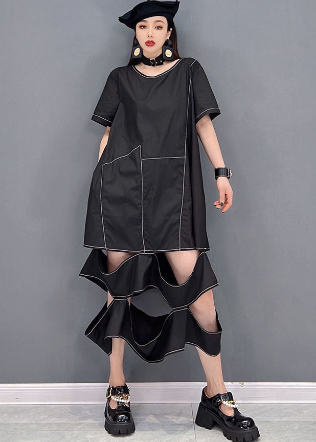 Chic Black O-Leck Ripped Patchwork Long Robe Short Sleeve