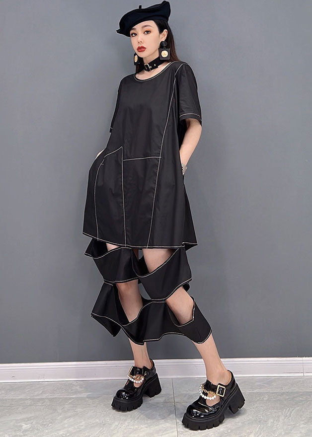 Chic Black O-Leck Ripped Patchwork Long Robe Short Sleeve