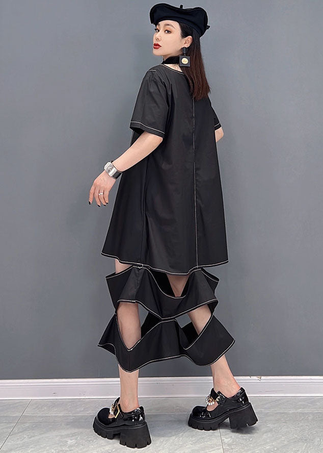 Chic Black O-Leck Ripped Patchwork Long Robe Short Sleeve