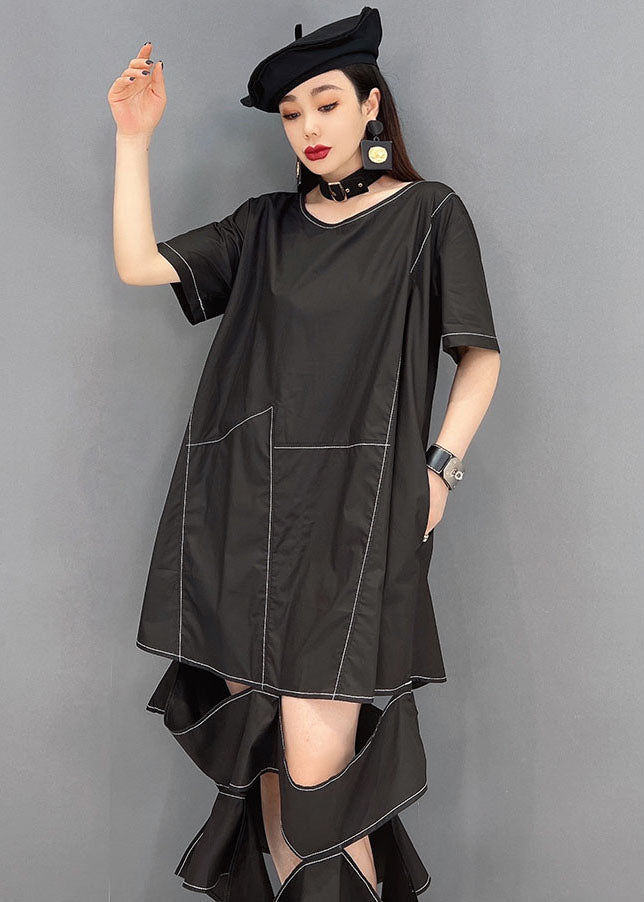 Chic Black O-Leck Ripped Patchwork Long Robe Short Sleeve