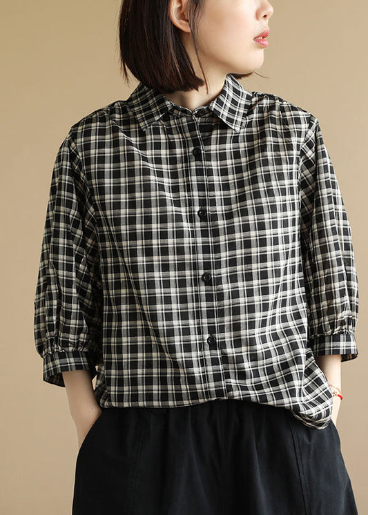 Chic Black Peter Pan Collier Plaid Coton Shirt Bracelet Sleeve