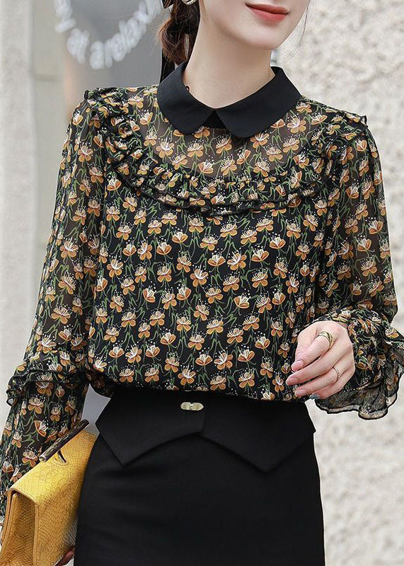 Chic Black Peter Pan Collar Ruffles Patchwork Print Mariffon Blousses Spring