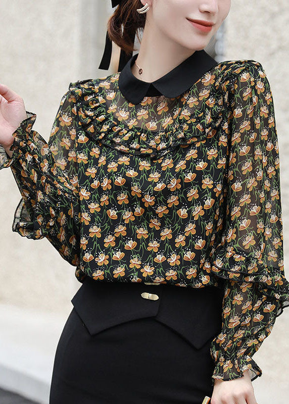 Chic Black Peter Pan Collar Ruffles Patchwork Print Mariffon Blousses Spring