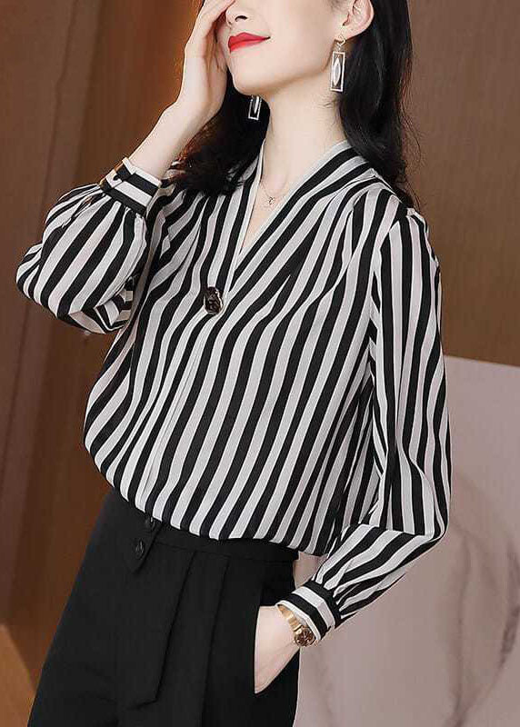 Chic Black V Neck Stripe Striped Patchwork Silk Shirt Tops Spring