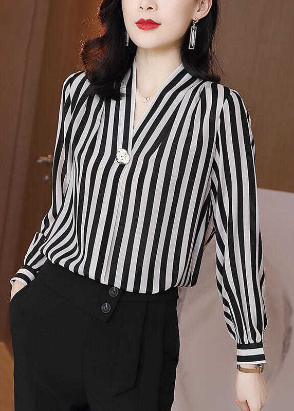 Chic Black V Neck Stripe Striped Patchwork Silk Shirt Tops Spring